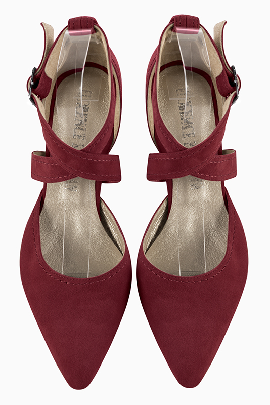 Burgundy red women's open side shoes, with crossed straps. Tapered toe. Medium block heels. Top view - Florence KOOIJMAN